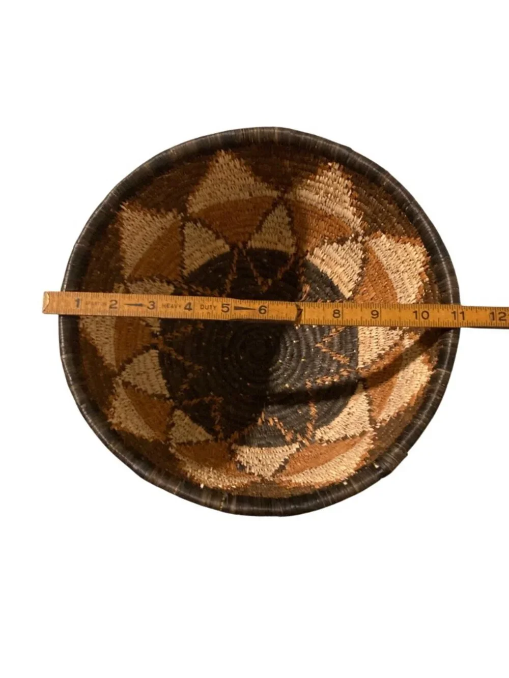 Vintage Handwoven Basket With Geometric Design In Earth Tone Colors